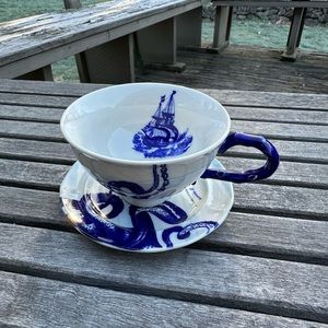 Anthropologie From the Deep Cup and Saucer octopus nautical theme blue and white